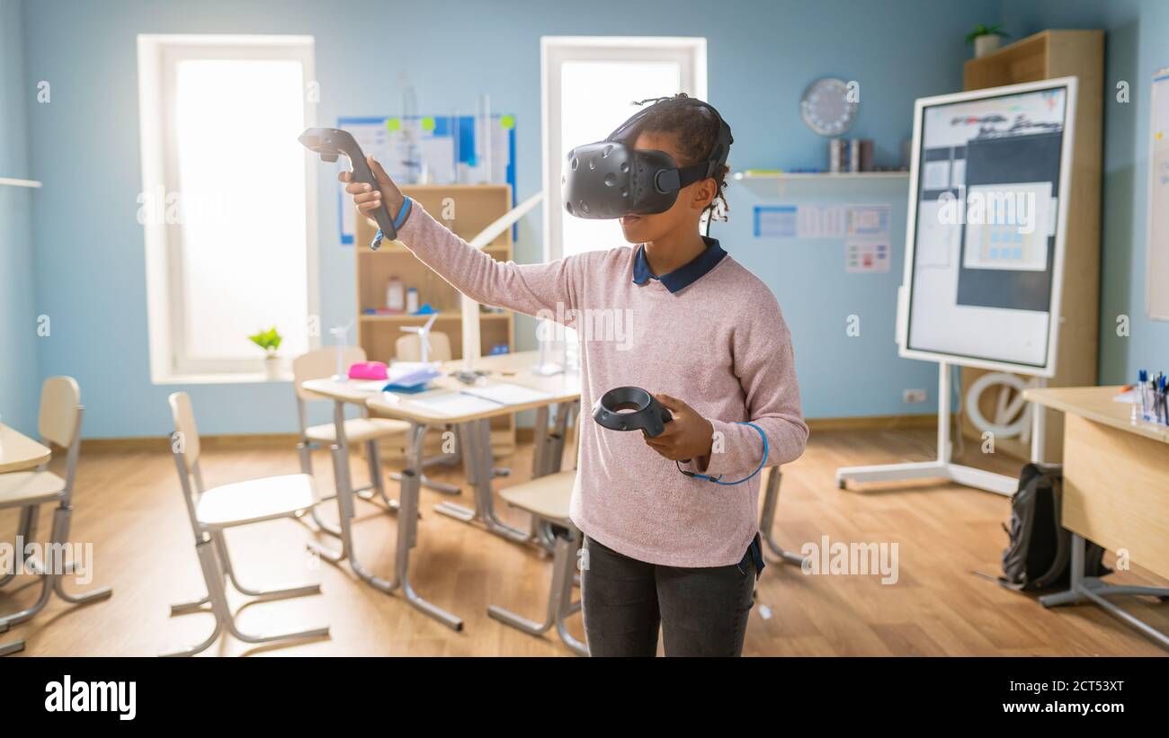 Elementary School Computer Science Class Cute Girl Wearing Augmented