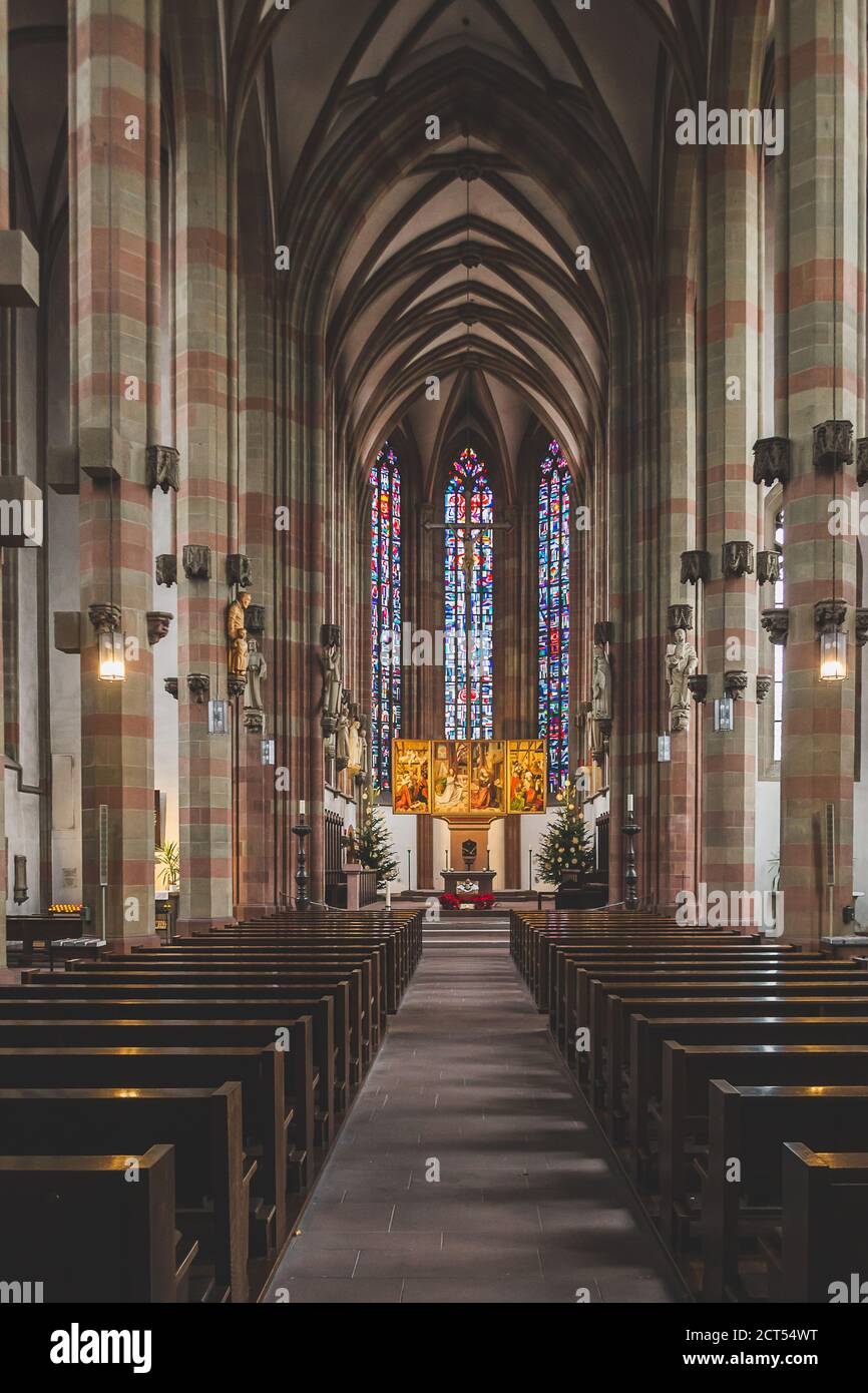 View down the nave towards the high altar inside the Marienkapelle, a Roman Catholic church located at the Unterer Markt (market square) of the town o Stock Photo