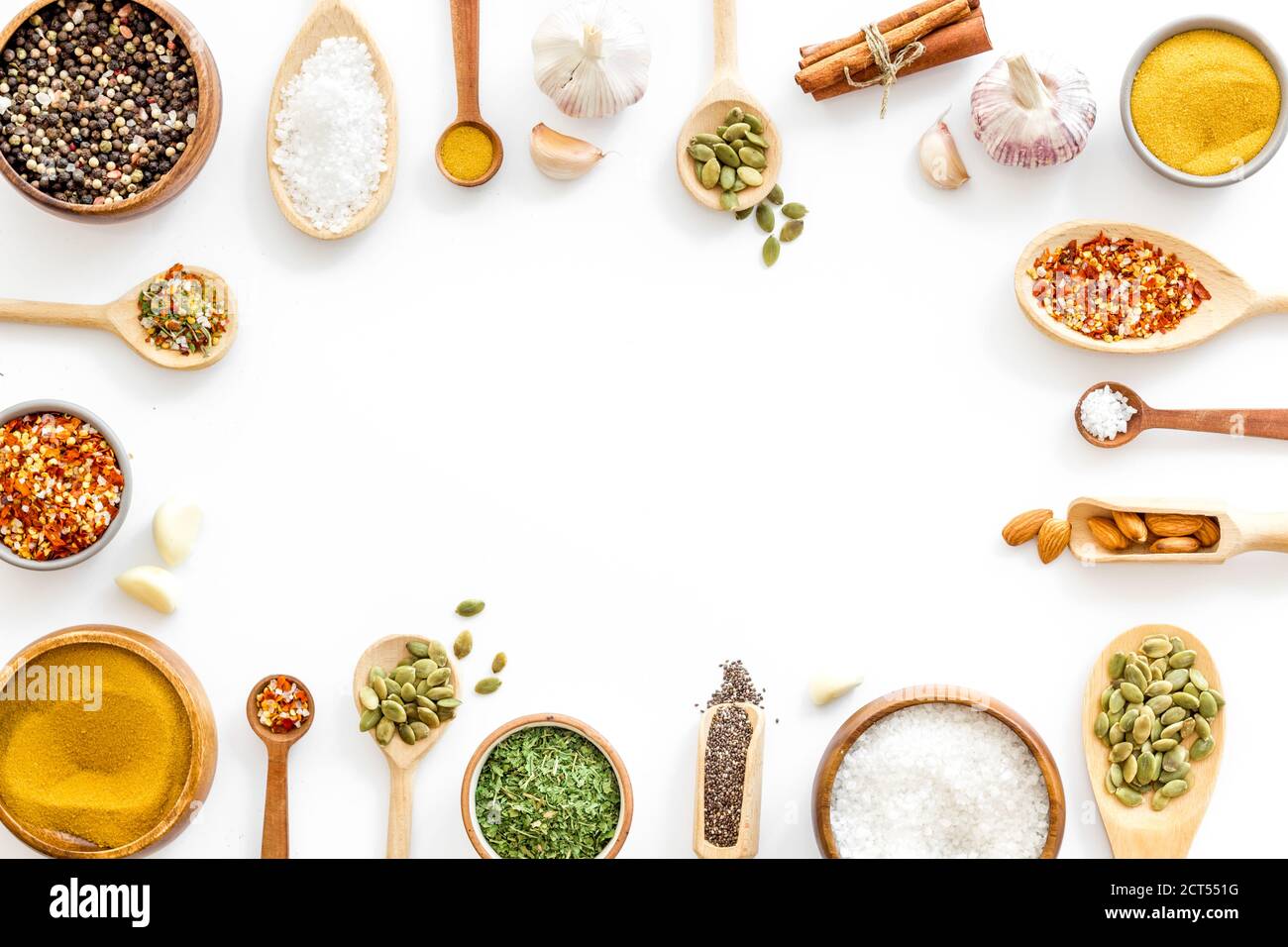 Layout of various spices in spoons. Top view, copy space Stock Photo ...