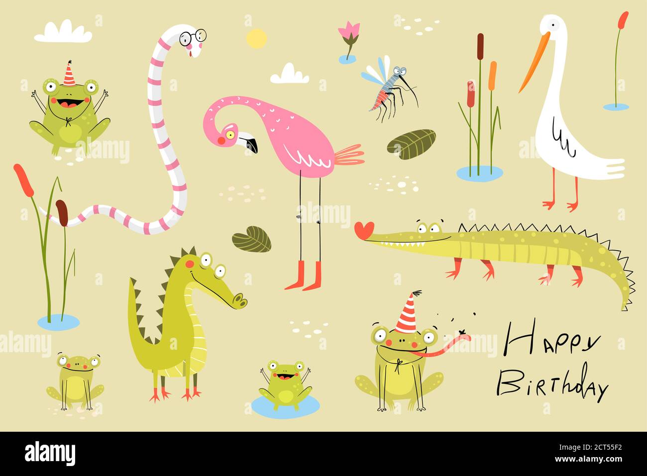 Lizard, frogs, alligators, crocodiles and flamingo with duck or cane birds. Swamp and lake doodle animals clipart cartoon collection for kids. Stock Vector