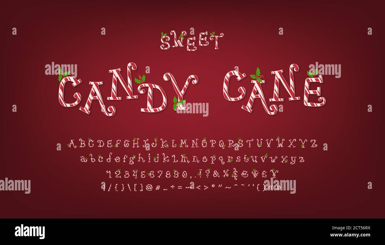 Candy cane alphabet for Christmas and New years design. Hand drawn curly vector font, red stripes and mistletoe decoration. Uppercase and lowercase le Stock Vector