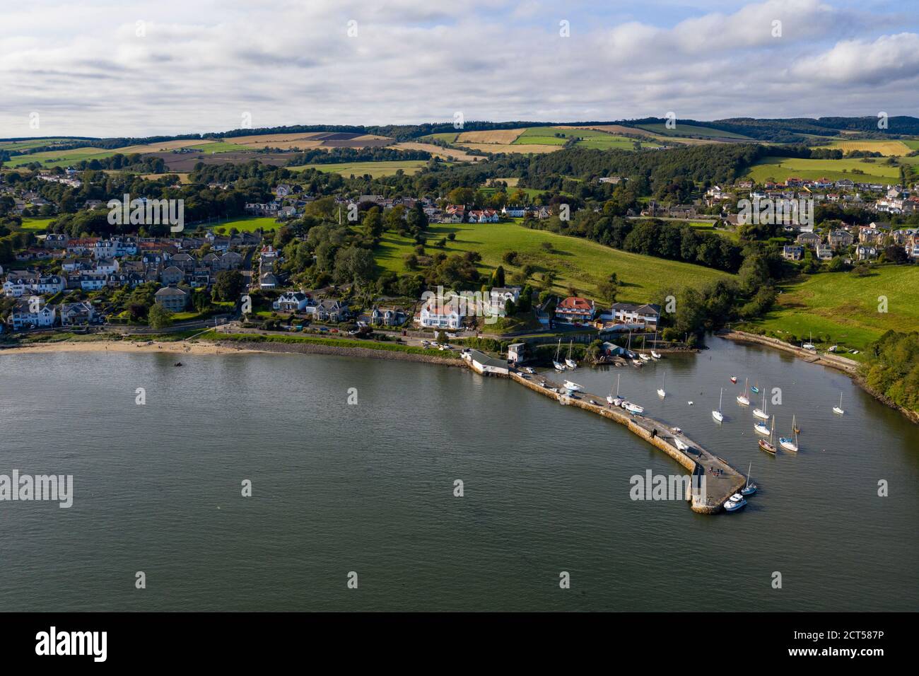 Aerial view of Aberdour harbour and town, Fife Scotland. Stock Photo