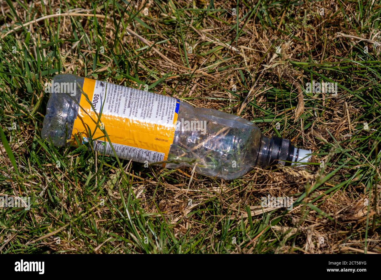 An empty plastic drink bottle with text on a yellow and white label, lying on some scrubby grass having been thrown away as litter Stock Photo