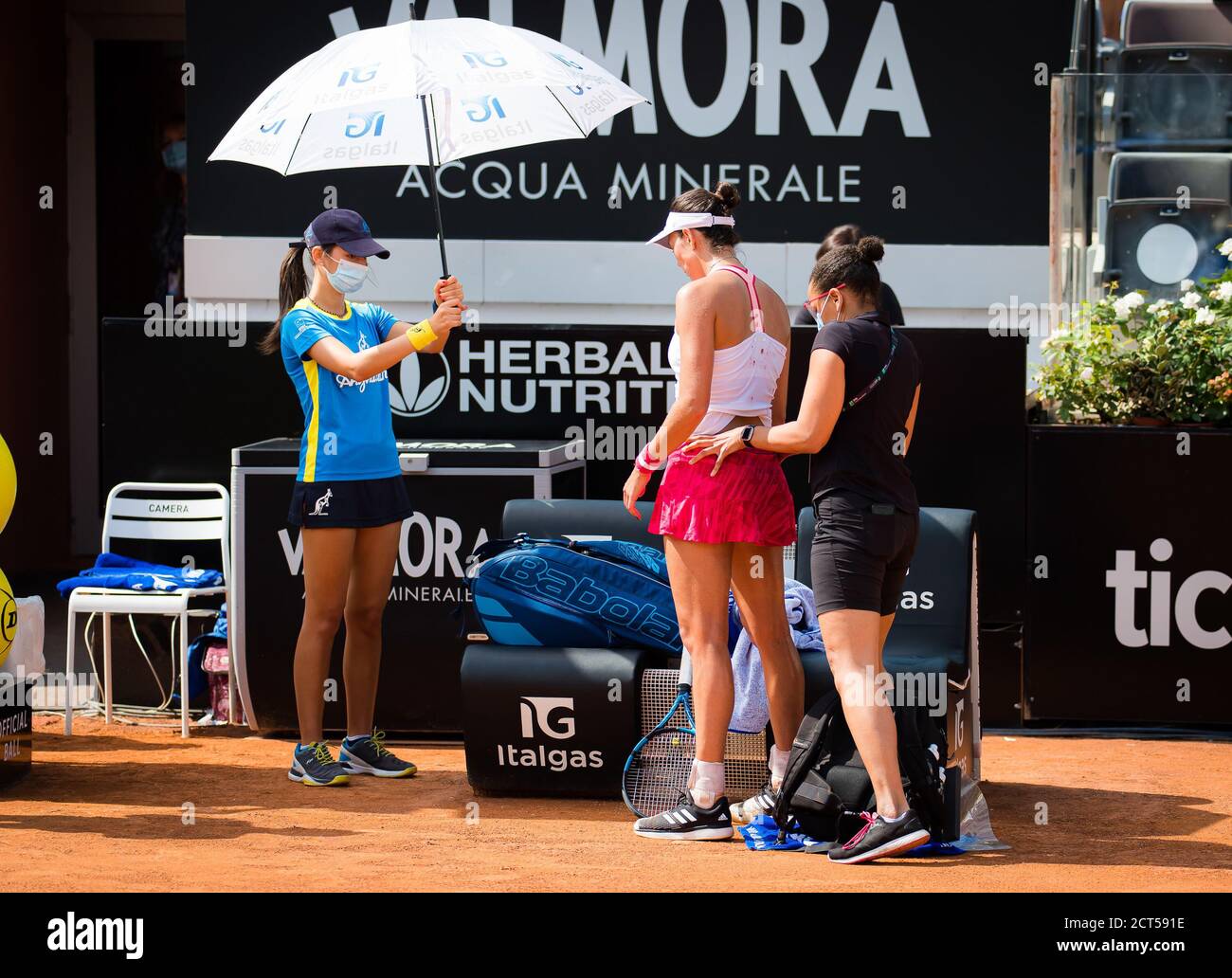 Garbine Muguruza of Spain receives medical attention during the semi-final of the 2020 Internazionali BNL d'Italia WTA Premier 5 tennis tournament on Stock Photo