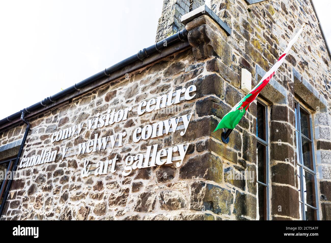 Conwy visitor centre, Conwy art gallery, Conwy, North Wales, UK, Conwy town, building, sign, signs, facade, exterior, tourism, Wales, Conwy Wales Stock Photo