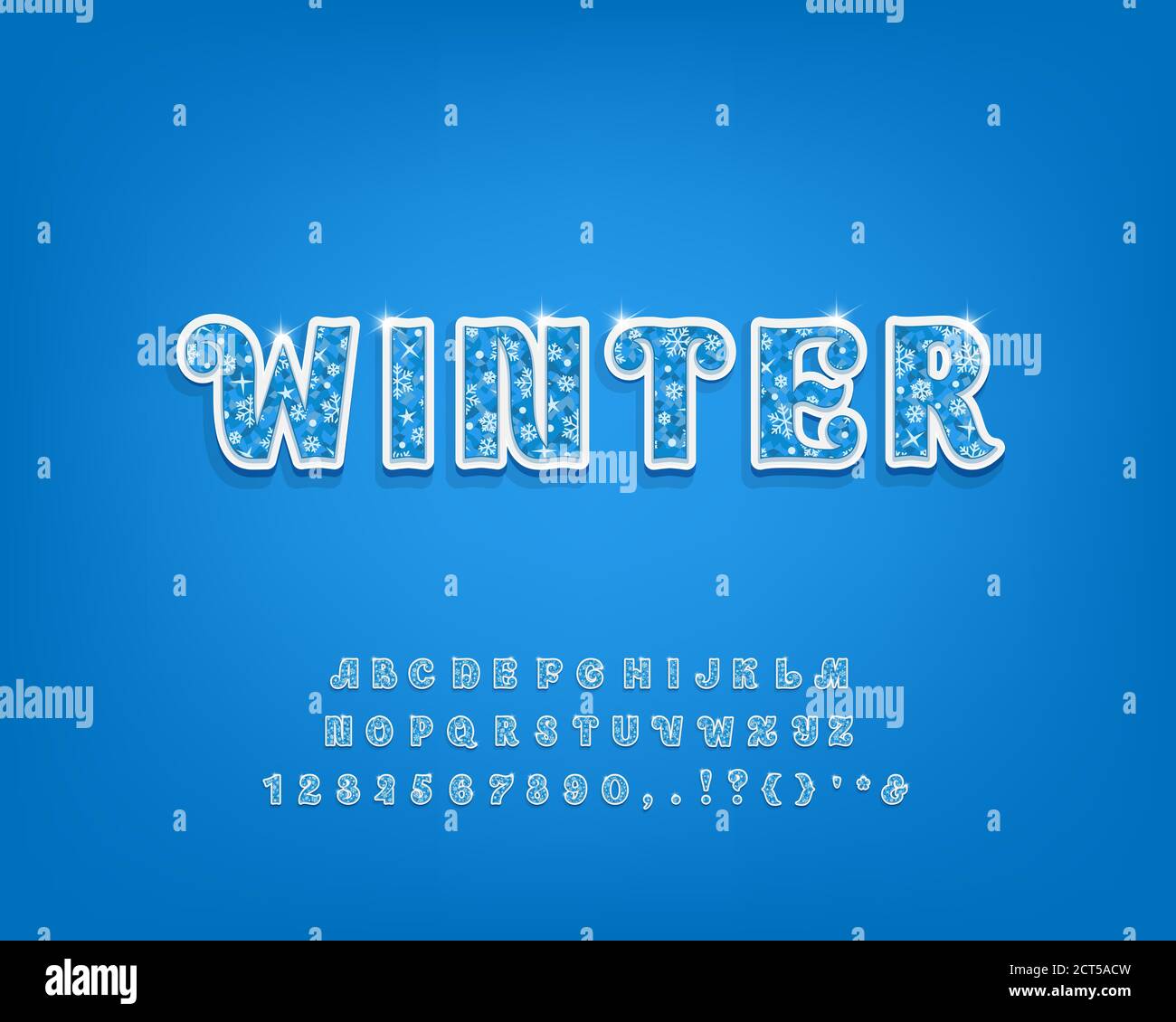Original 3D alphabet. Blue vector font with frosty texture, snowflakes decor and shining stars. Uppercase letters, numbers and punctuation marks. Beau Stock Vector