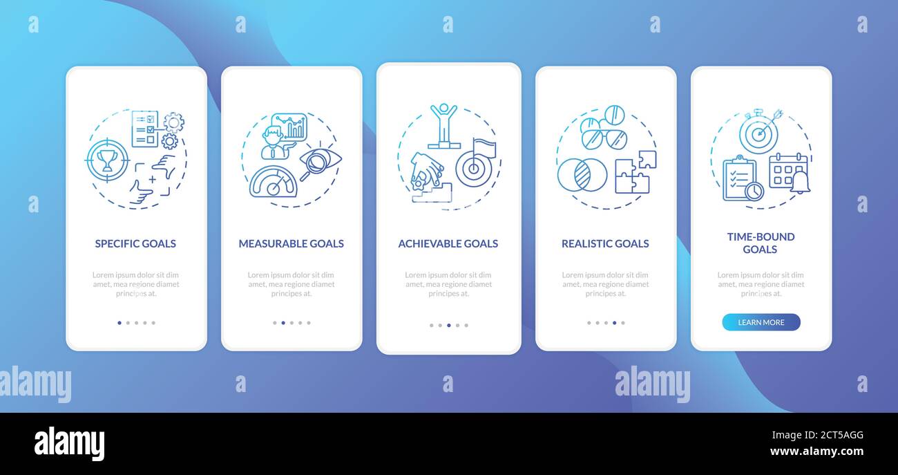 Smart goals definition onboarding mobile app page screen with concepts Stock Vector