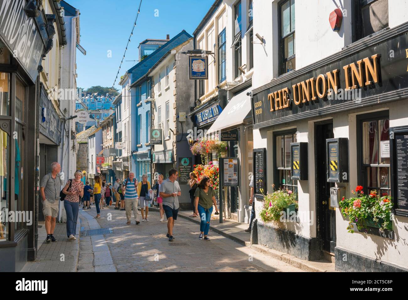 St Ives town, view in summer of people walking along Fore Street - the main shopping thoroughfare in St Ives, Cornwall, southwest England, UK Stock Photo