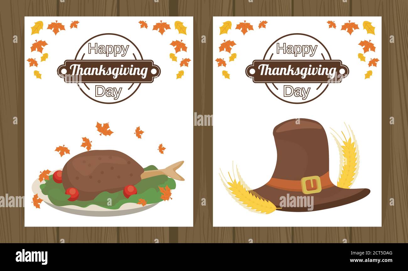 happy thanksgiving day poster with turkey food and pilgrim hat vector ...