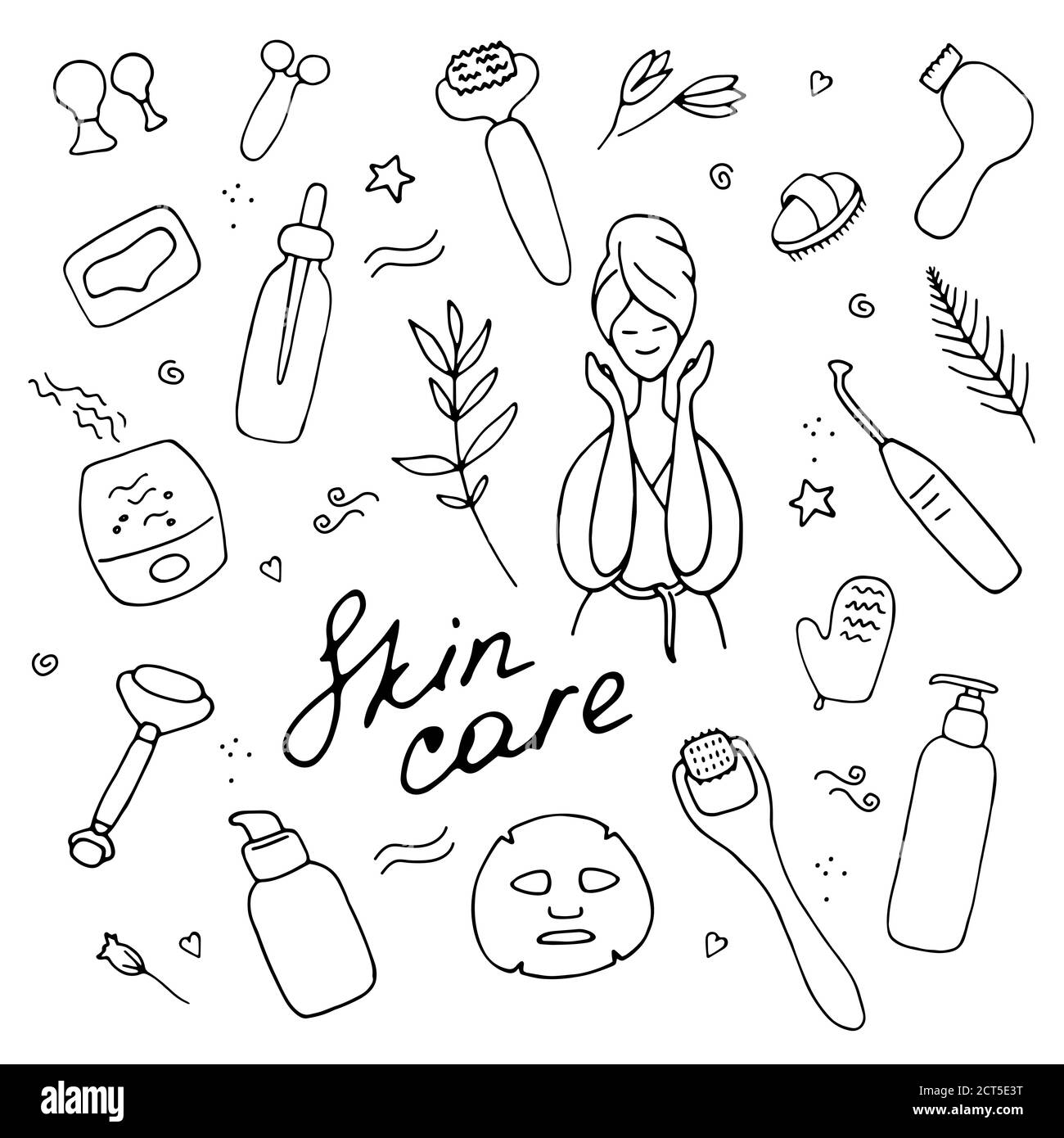 Beauty set. Skin care and beauty signs, spa salon and self-care icons. Vector doodle illustration Stock Vector
