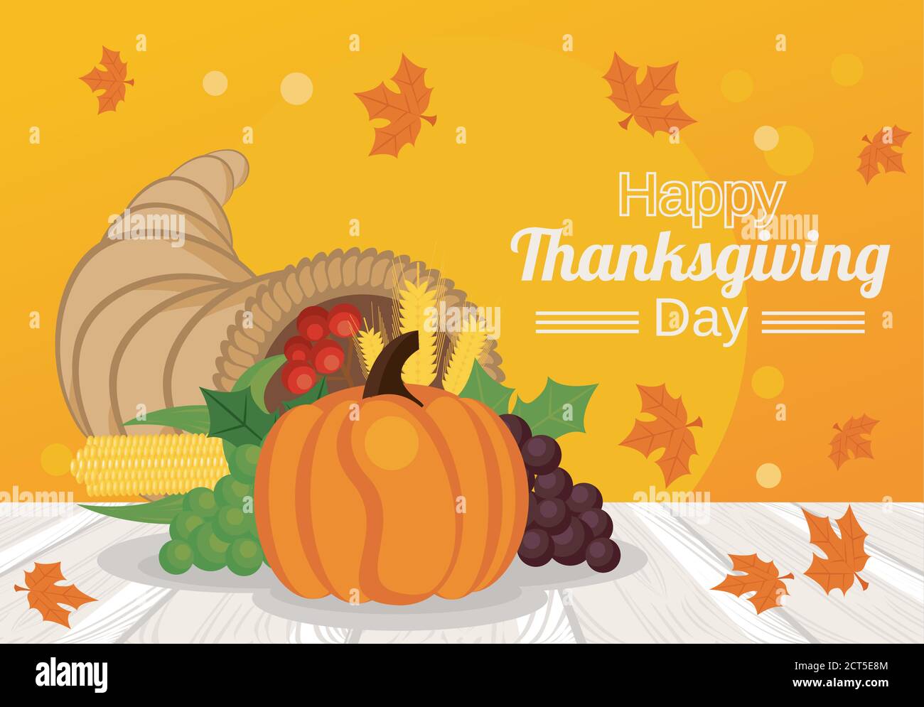happy thanksgiving day poster with pumpkin in horn and fruits vector ...