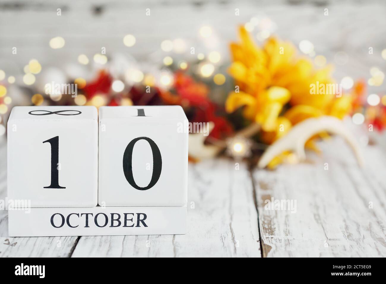 White wood calendar blocks with the date October 10th and autumn decorations over a wooden table. Selective focus with blurred background.  World Ment Stock Photo