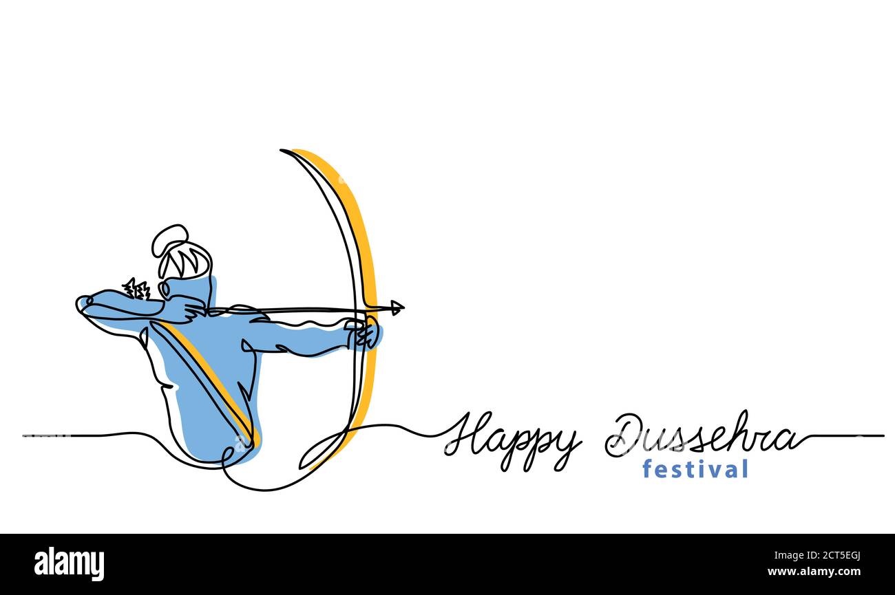 Simple Dussehra background with bow, arrow and lord Rama. One continuous line drawing with lettering happy Dussehra. Vector banner, background, sketch Stock Vector