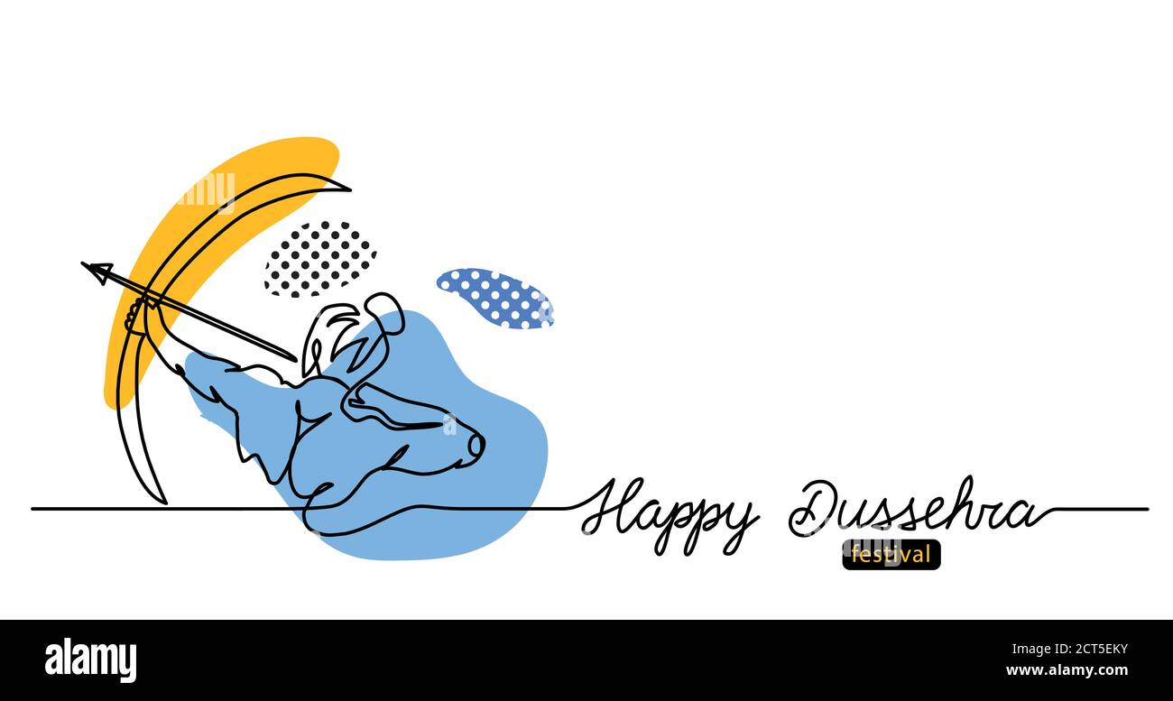 Modern Dussehra banner with bow, arrow and lord Rama. One continuous line drawing with text happy Dussehra. Vector banner, background, sketch Stock Vector