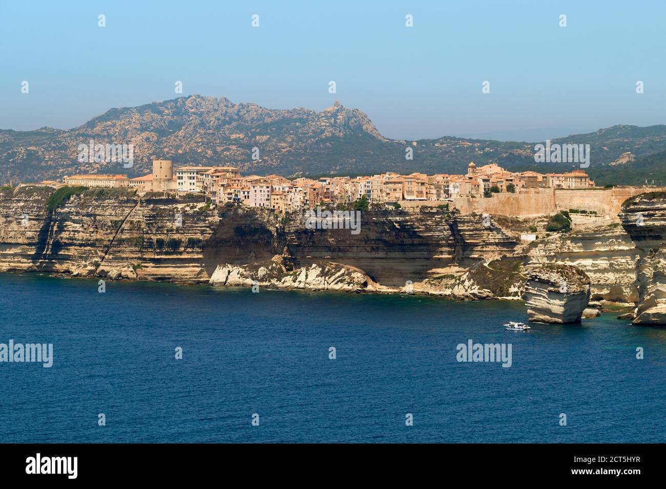 The limestone coastline and clifftop citadel town of Bonifacio on the southern tip of the French island of Corsica - Corse du Sud France Stock Photo