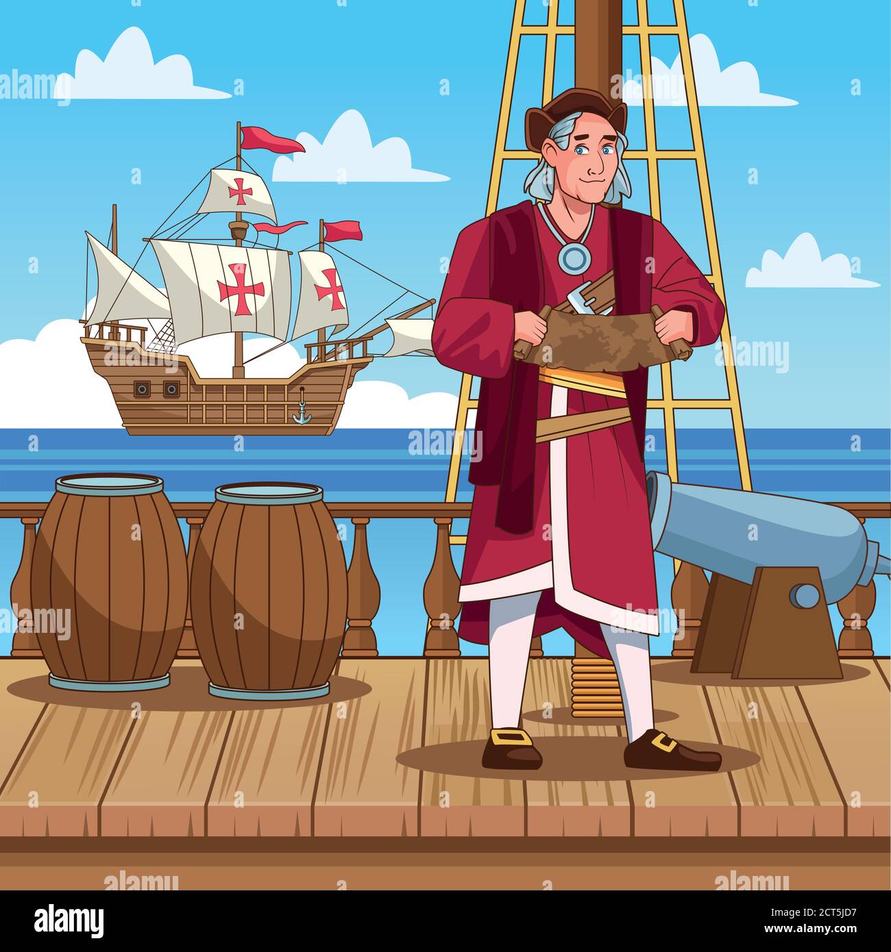 Columbus day celebration scene of christopher lifting paper map guide