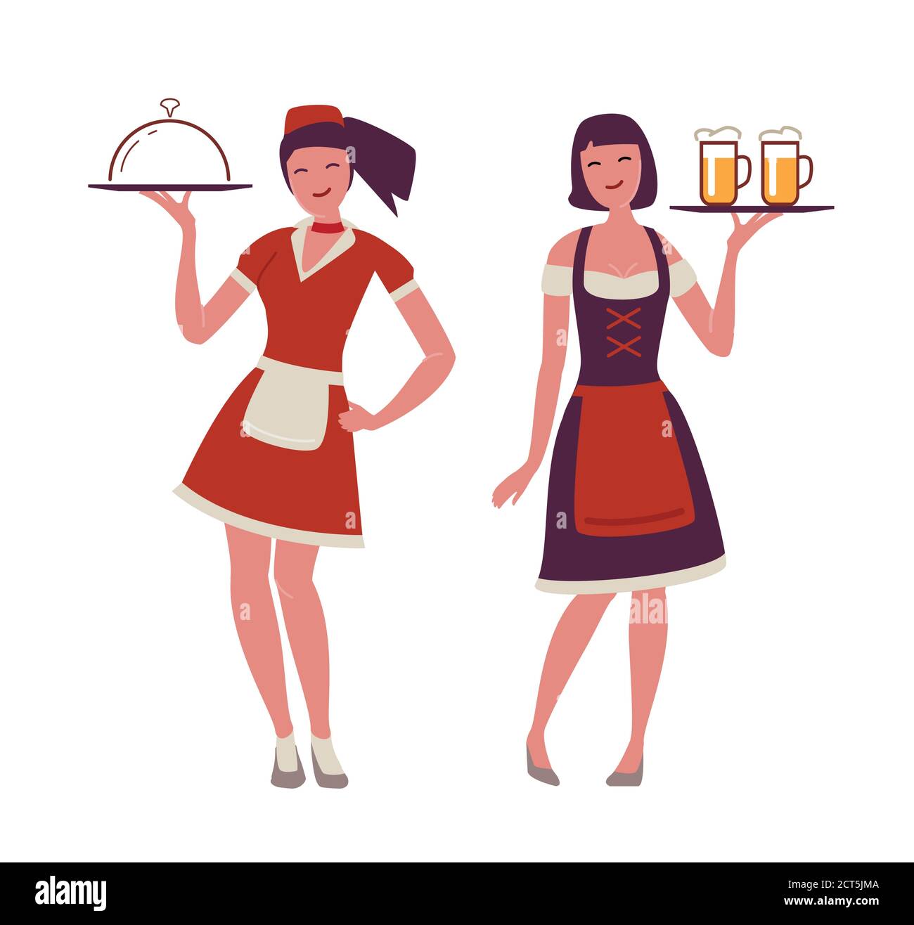 Beautiful young waitress with tray in her hand. Restaurant, food concept Stock Vector