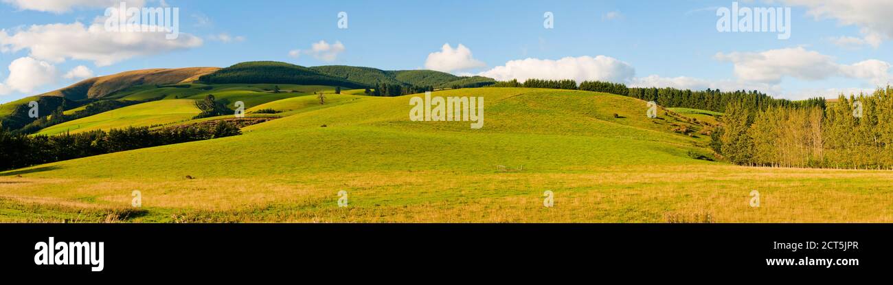 Panoramic Photo of Rolling Hills in Southern Lakes, South Island New Zealand Stock Photo