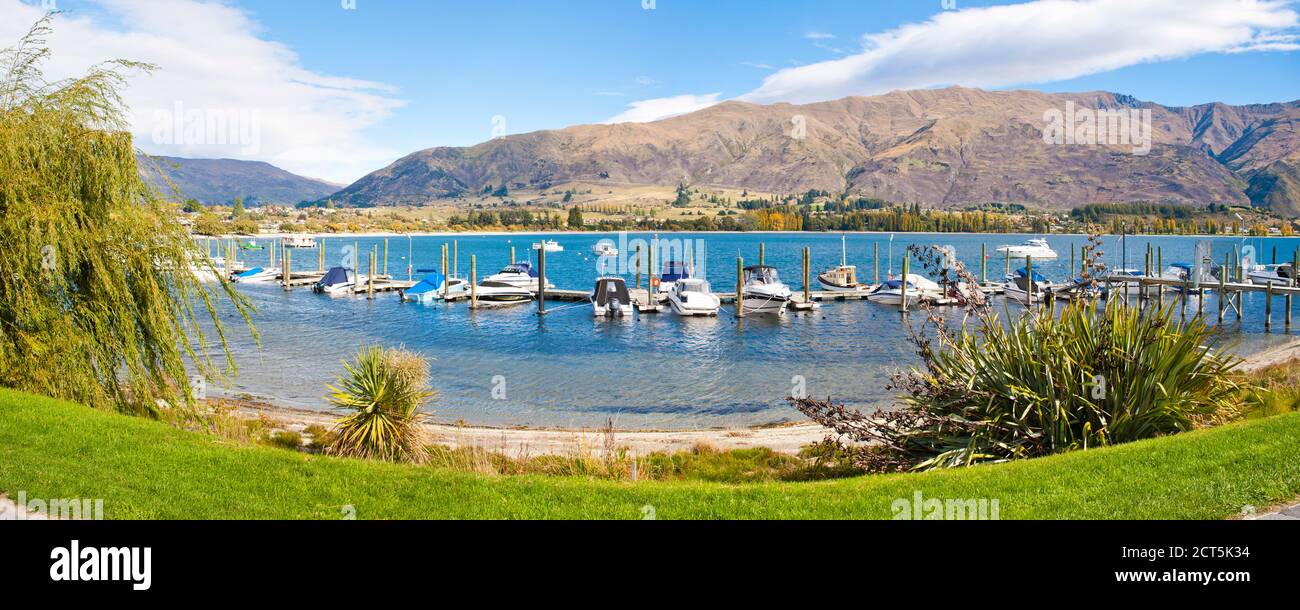Panoramic Photo of Sailing Boats at Lake Wanaka Harbour, South Island, New Zealand Stock Photo