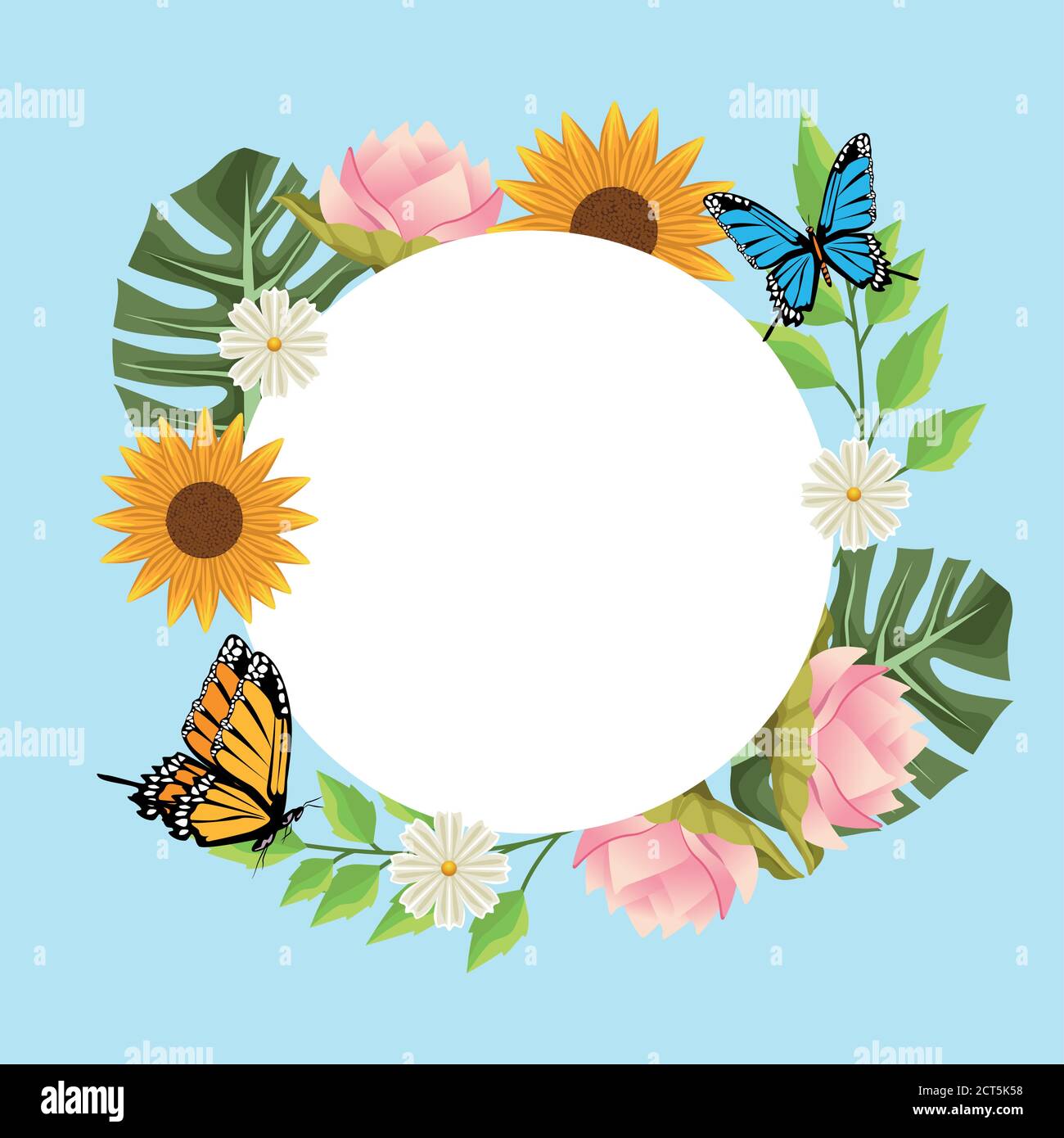 floral background in circular frame with butterflies and flowers