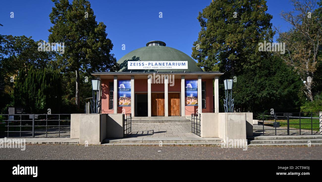 Jena, Germany. 21st Sep, 2020. The gate is open at the Zeiss Planetarium Jena. From 23 September, the new programme 'Voyager - The Infinite Mission' will offer visitors images of the outermost planets of the solar system and their moons taken by the US space probes Voyager 1 and 2. The planetarium had to close for almost three months in spring because of the Corona pandemic. It has only been receiving visitors again since 9 June. Credit: Martin Schutt/dpa-Zentralbild/dpa/Alamy Live News Stock Photo