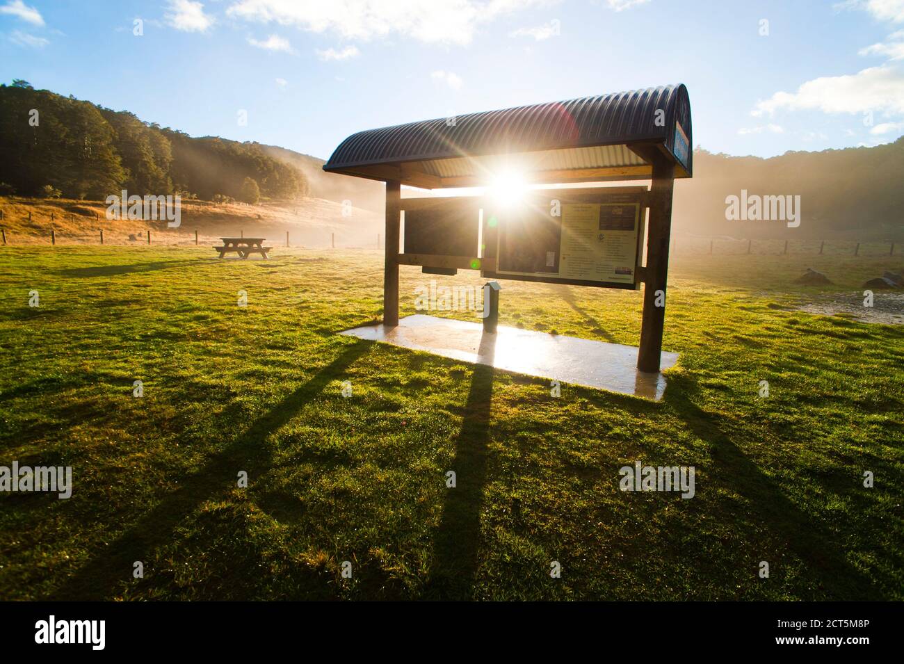 Sunrise at Canaan Downs Scenic Reserve Department of Conservation Campsite, Abel Tasman National Park, South Island, New Zealand Stock Photo