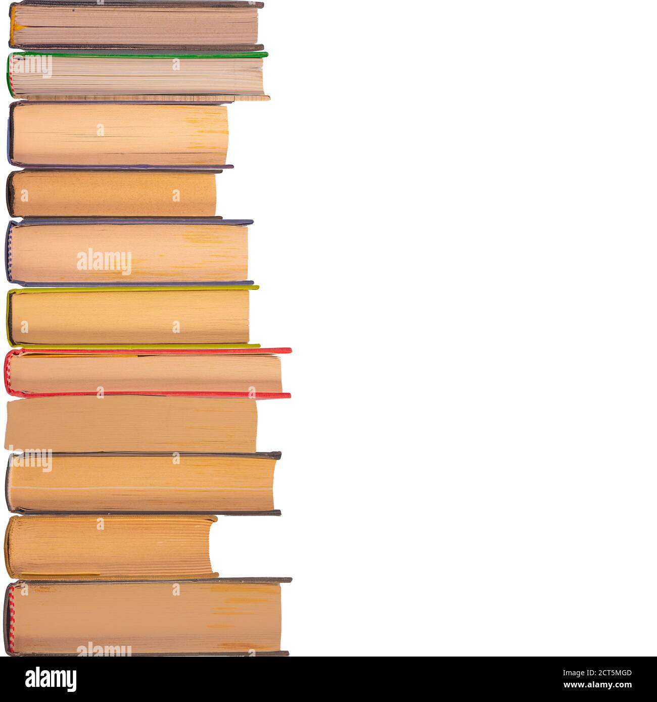 Books in columns and isolated on white background with space for free