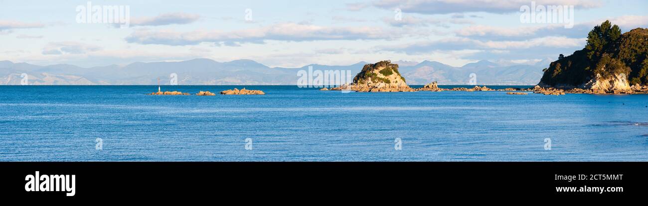 Panoramic Photo of Rocks at Kaiteriteri Beach, Tasman Region, South Island, New Zealand Stock Photo