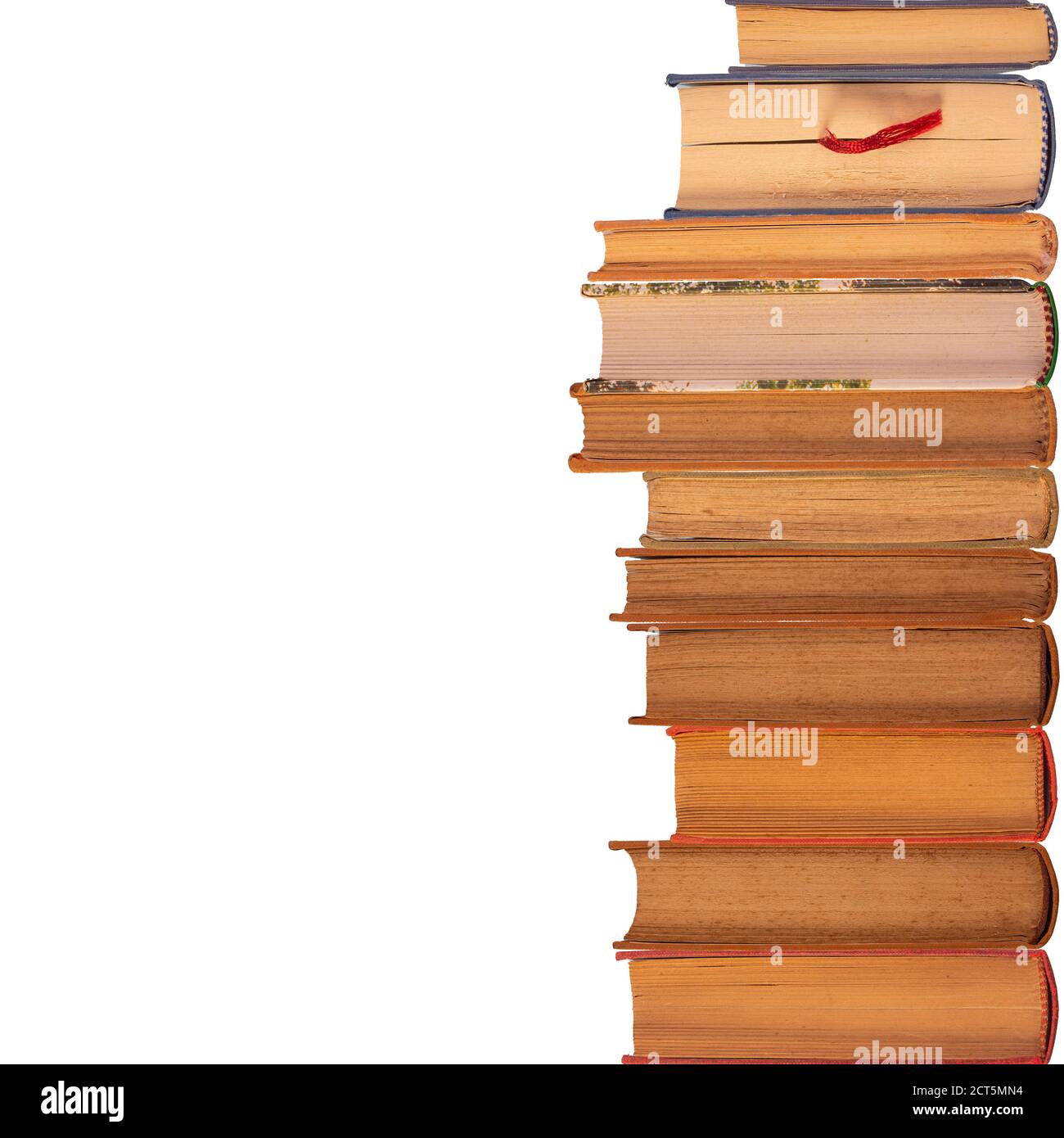 Books in columns and isolated on white background with space for free