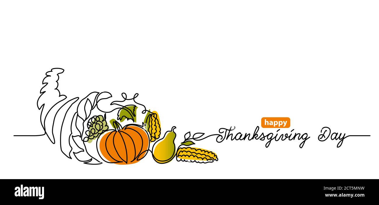 Thanksgiving Day line art background with horn of plenty, cornucopia and vegetables. Simple vector web banner. One continuous line drawing with Stock Vector