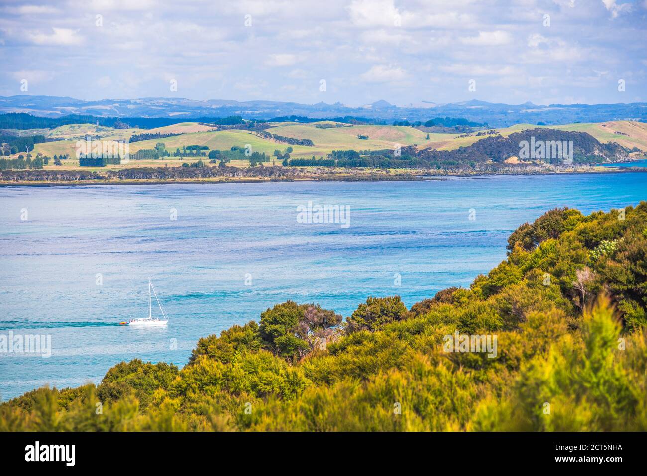 Sailing boat in the Bay of Islands seen from Russell, Northland Region, North Island, New Zealand Stock Photo