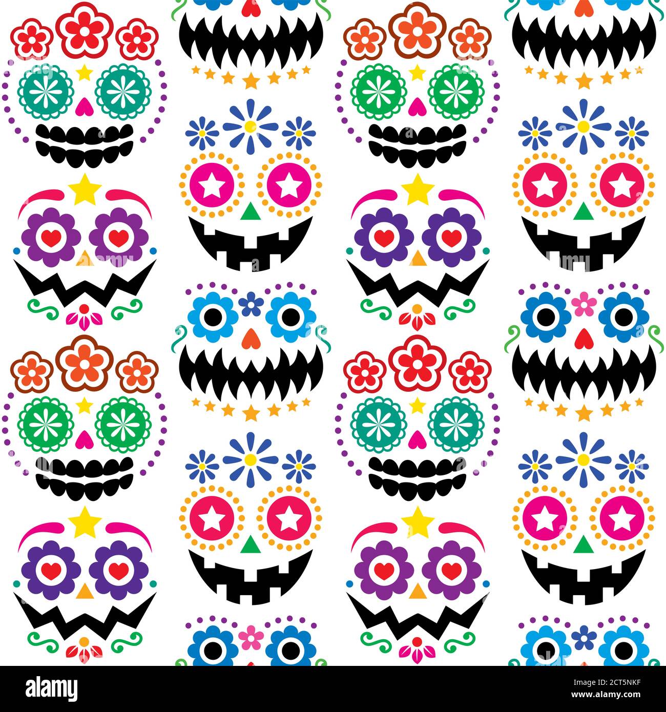 Halloween and Dia de los Muertos skulls and pumpkin faces vector seamless pattern - color Mexican sugar skull style texile design Stock Vector