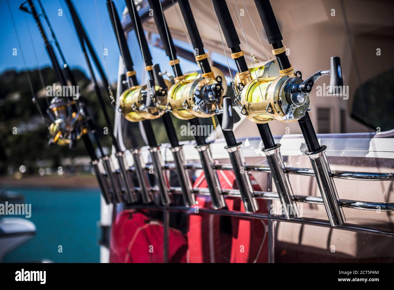Fishing reels from a game fishing boat, Russell, Bay of Islands
