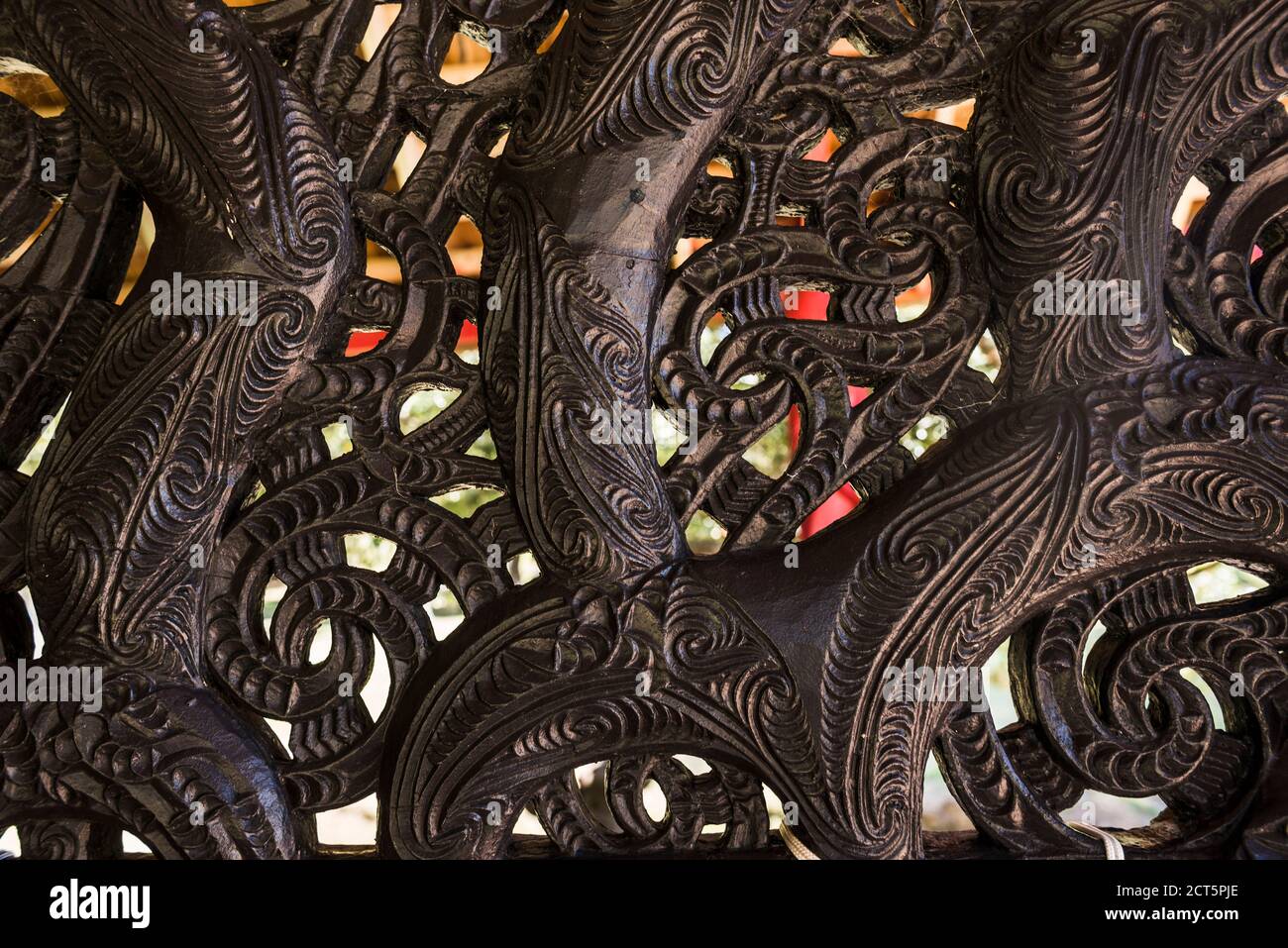 Wooden carving details on a Maori War Canoe, Waitangi Treaty Grounds, Bay of Islands, North Island, New Zealand Stock Photo