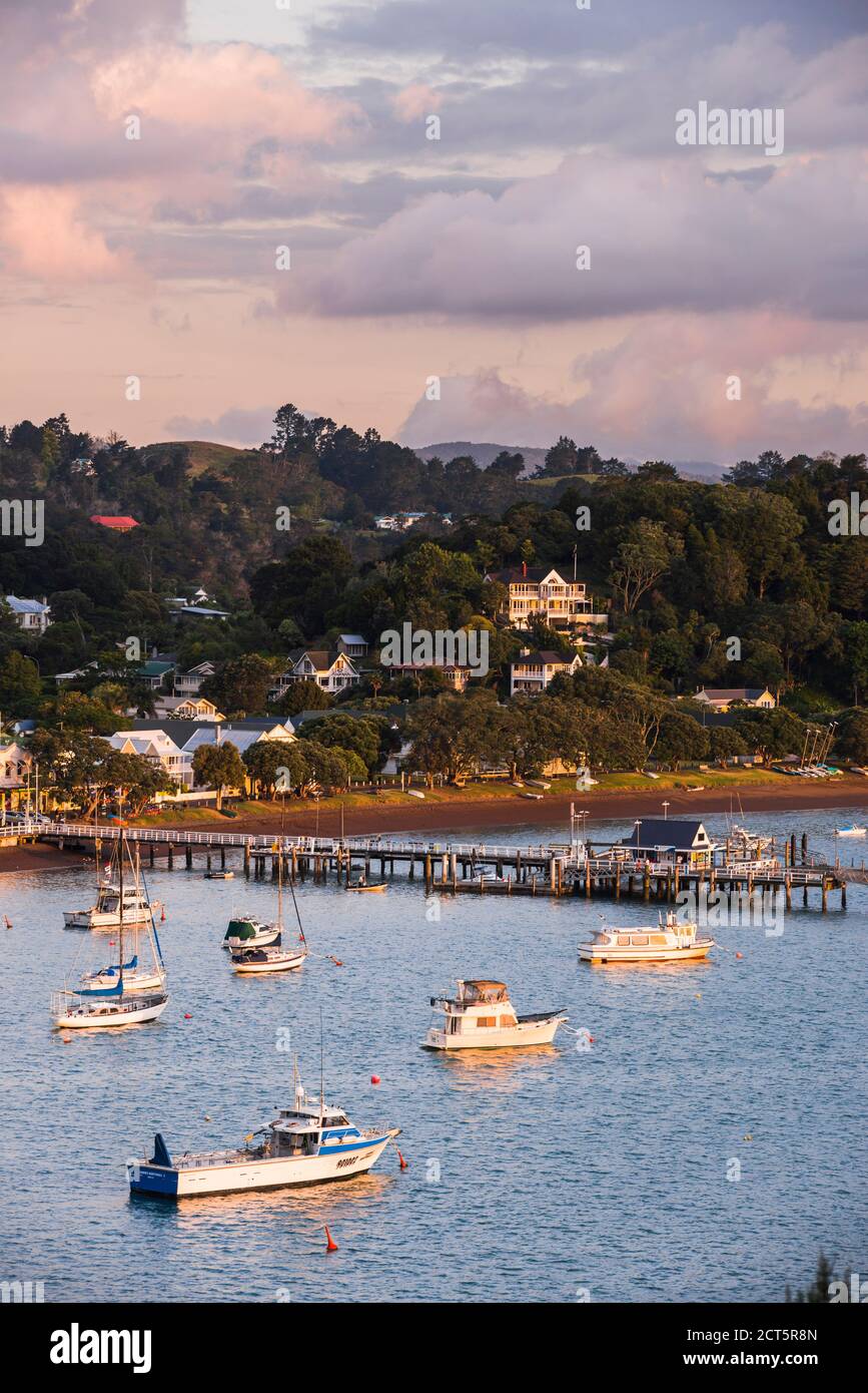 Russell at sunset, Bay of Islands, Northland Region, North Island, New Zealand Stock Photo