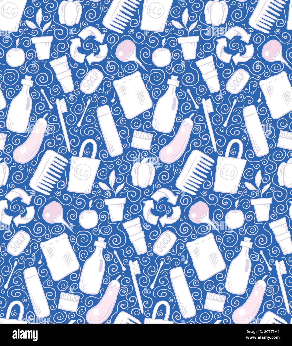 Seamless pattern with hand drawn Zero Waste objects and swirls on blue ...