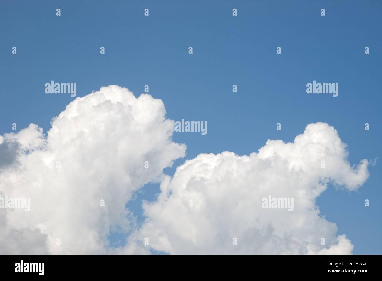 White fluffy clouds with one in shape of elephant animal against blue sky Stock Photo