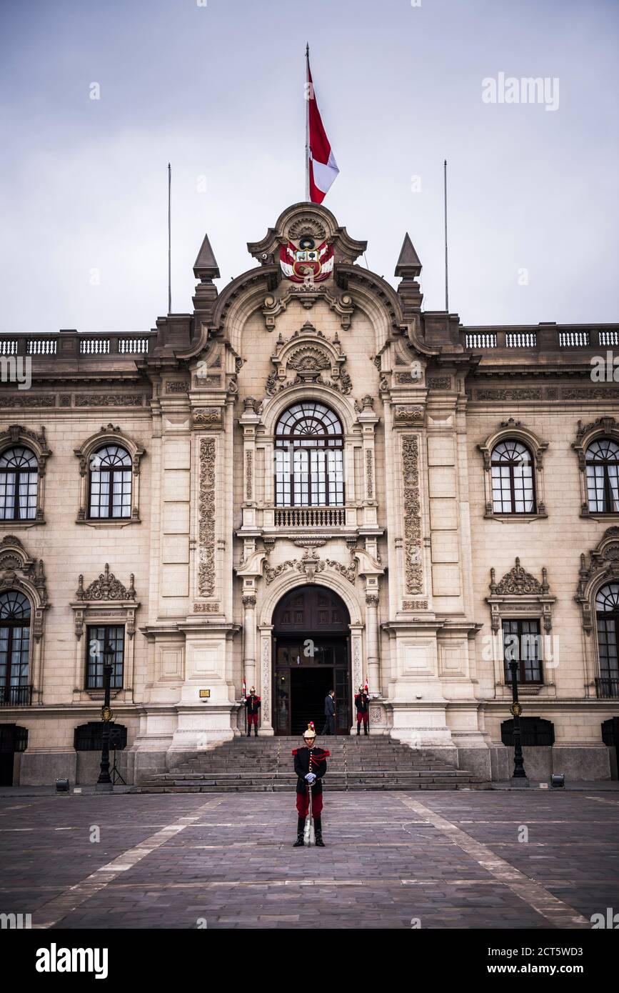 Changing of the guard at the Presidential Palace (Palacio de Gobierno, Government Palace), Lima, Peru, South America Stock Photo