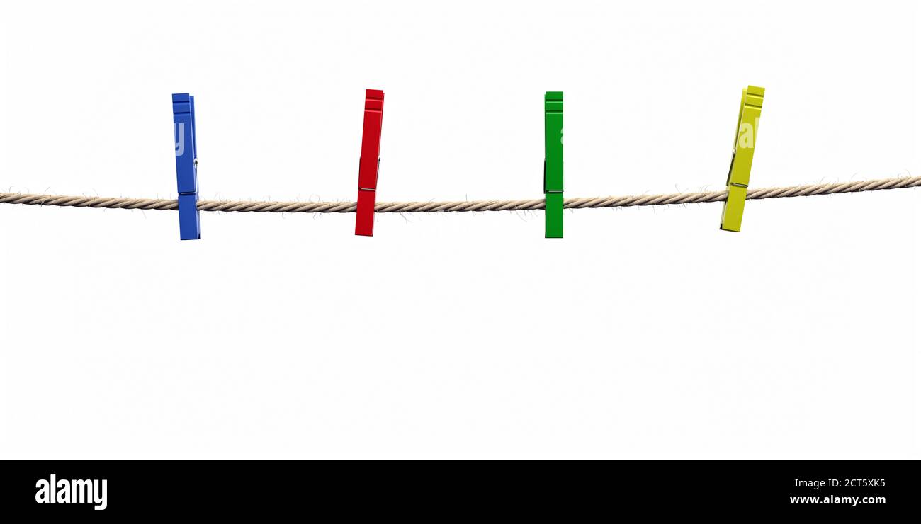 Clothespins colorful on clothes rope isolated cutout against white
