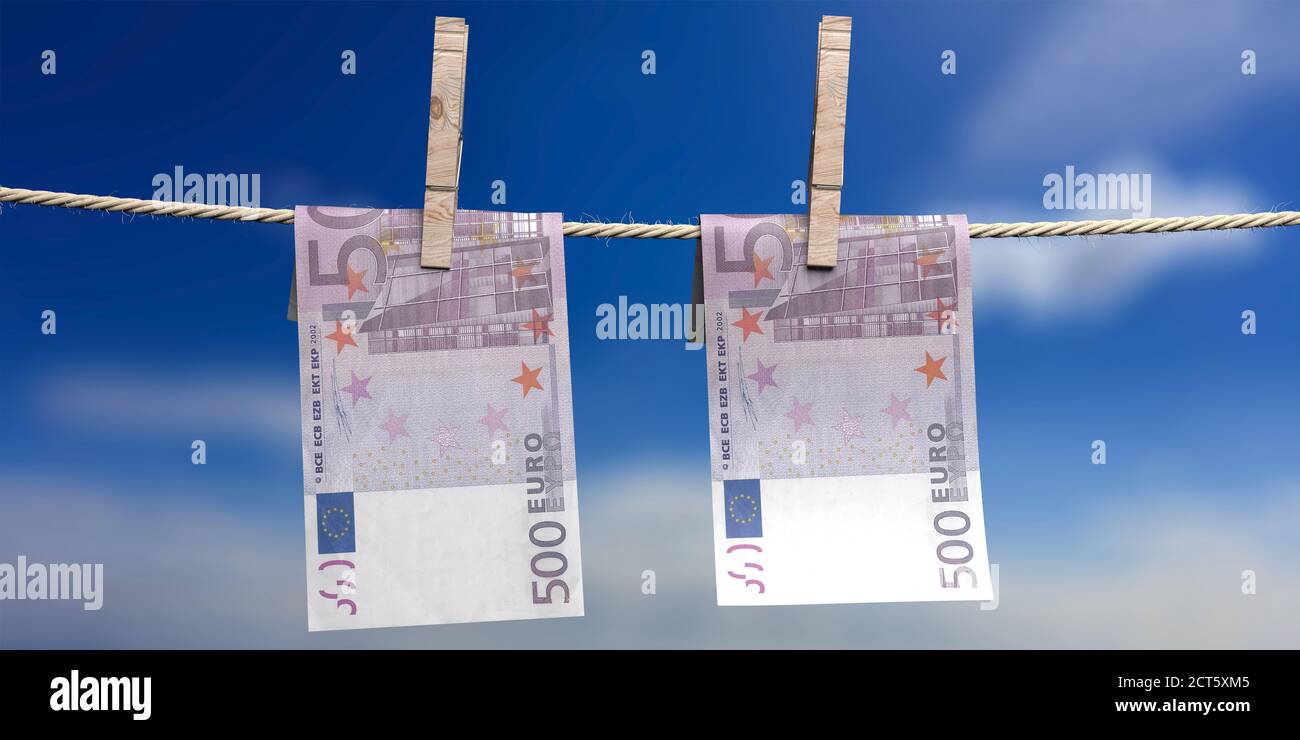 Money laundering concept. Clothespins hold two European Union currency 500 euros on rope. Blue sky background. 3d illustration Stock Photo