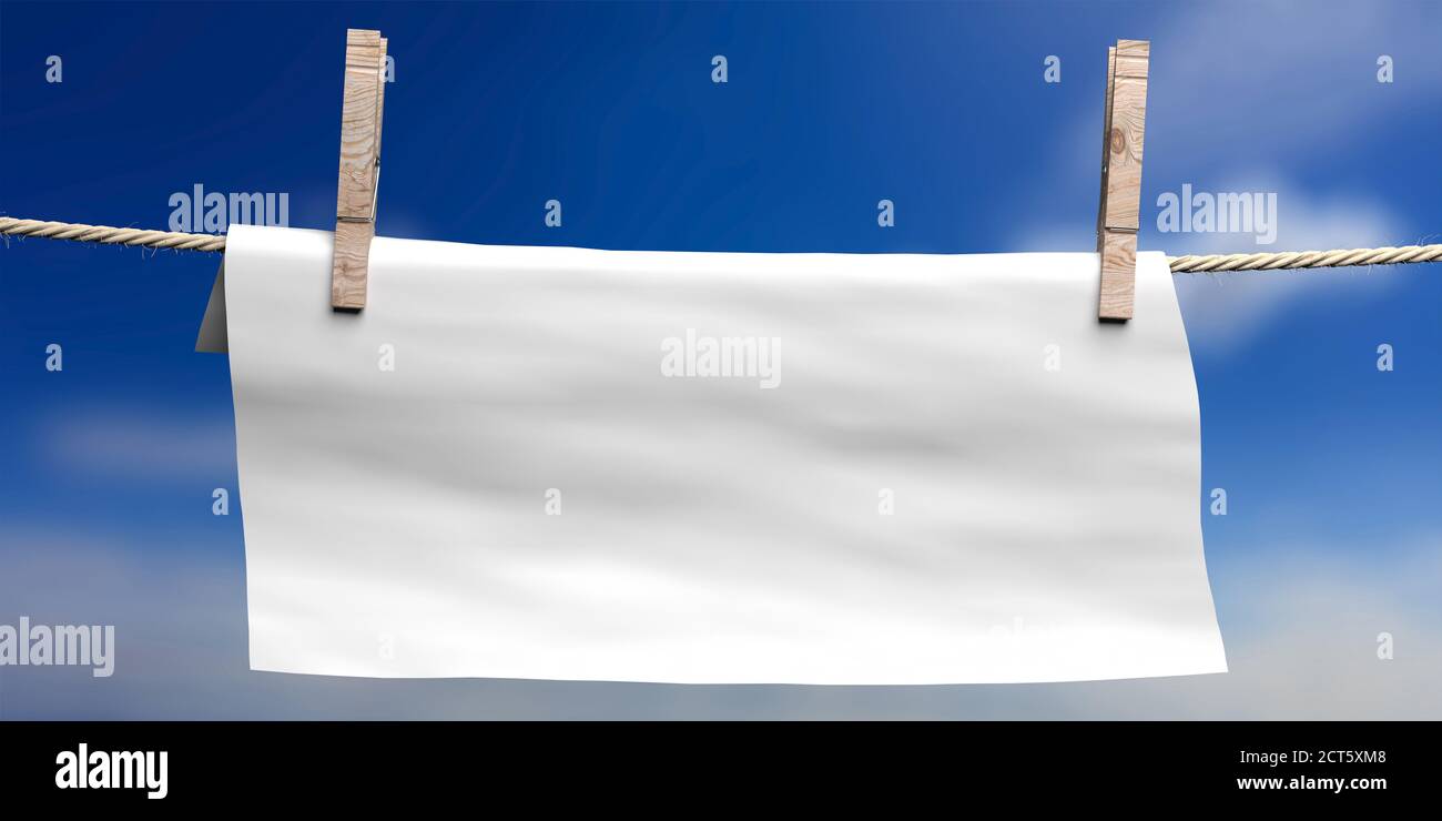 Empty white cloth holding on rope with clothespins on blue sky background. Blank memo, reminder, sign template. 3d illustration Stock Photo