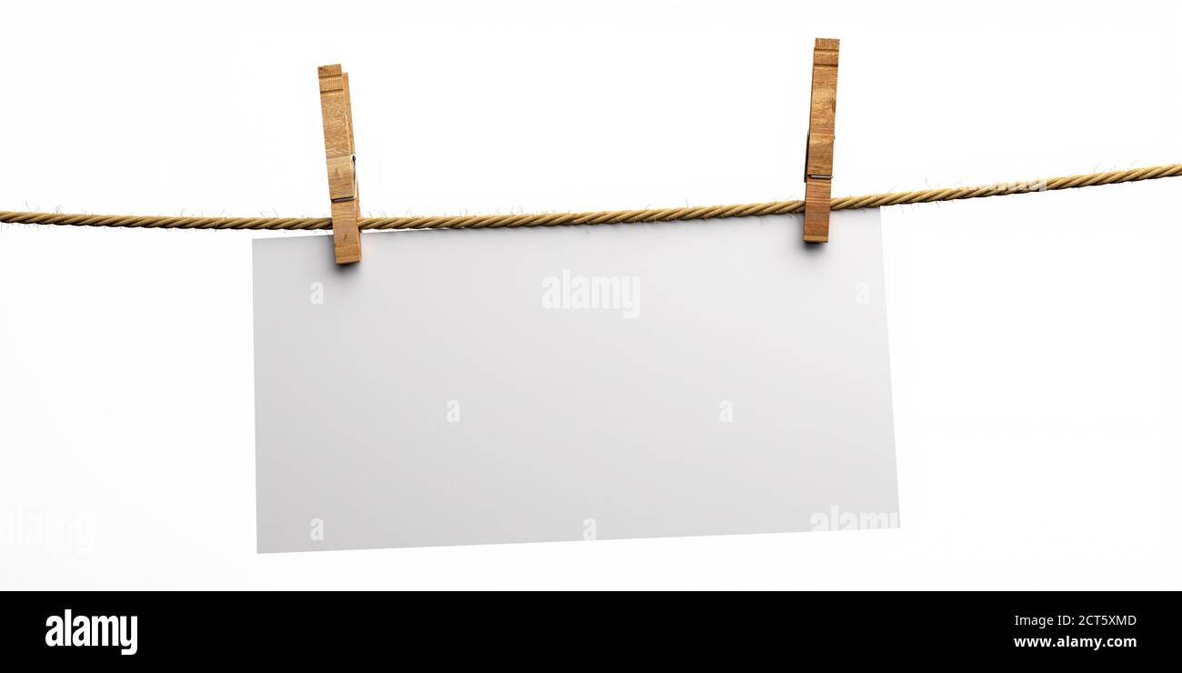 Empty paper card holding on rope with two wooden clothespins isolated cutout on white background. Blank memo, reminder, sign template. 3d illustration Stock Photo