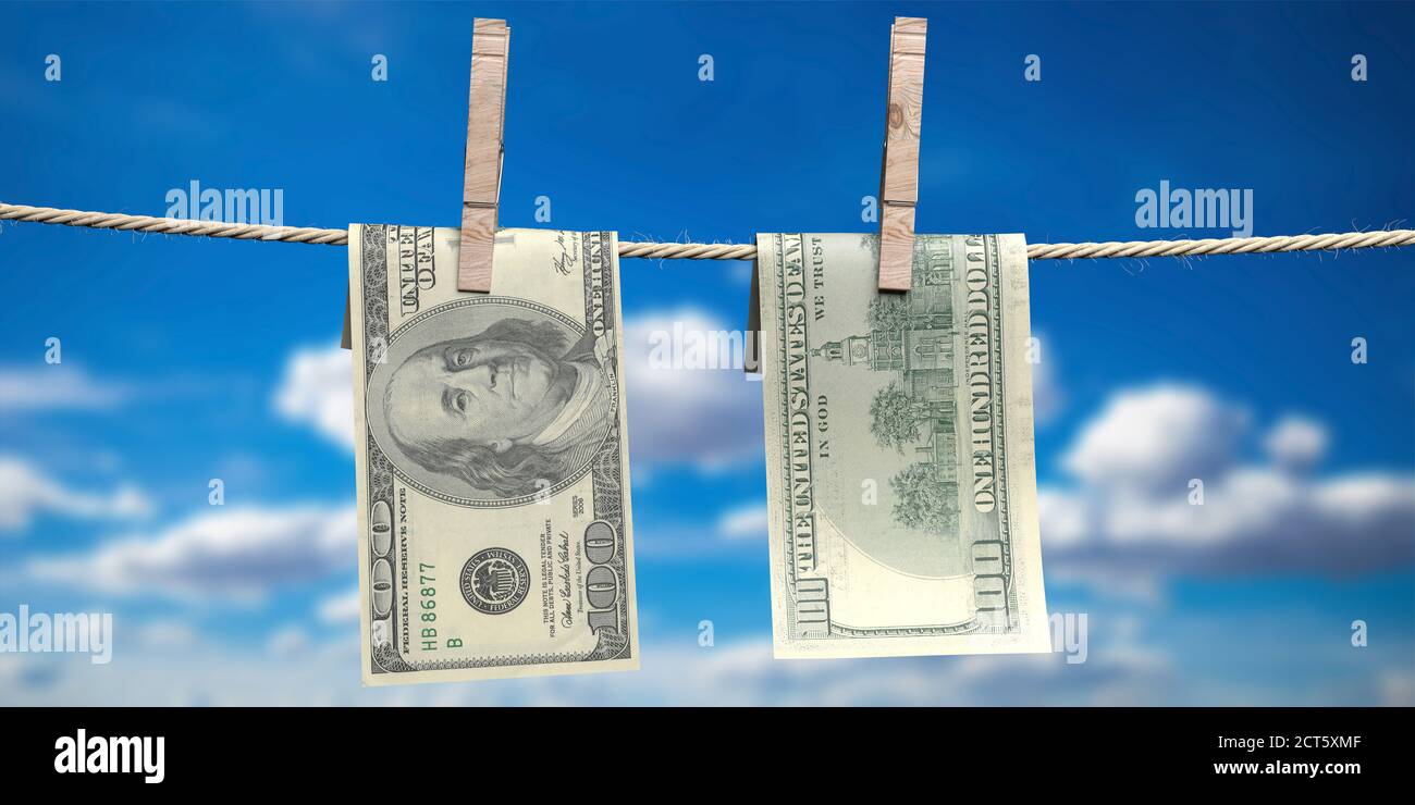 Money laundering concept. Clothespins hold two USD american 100 dollars on rope. Illegal way to clean dirty earnings. Blue sky background. 3d illustra Stock Photo