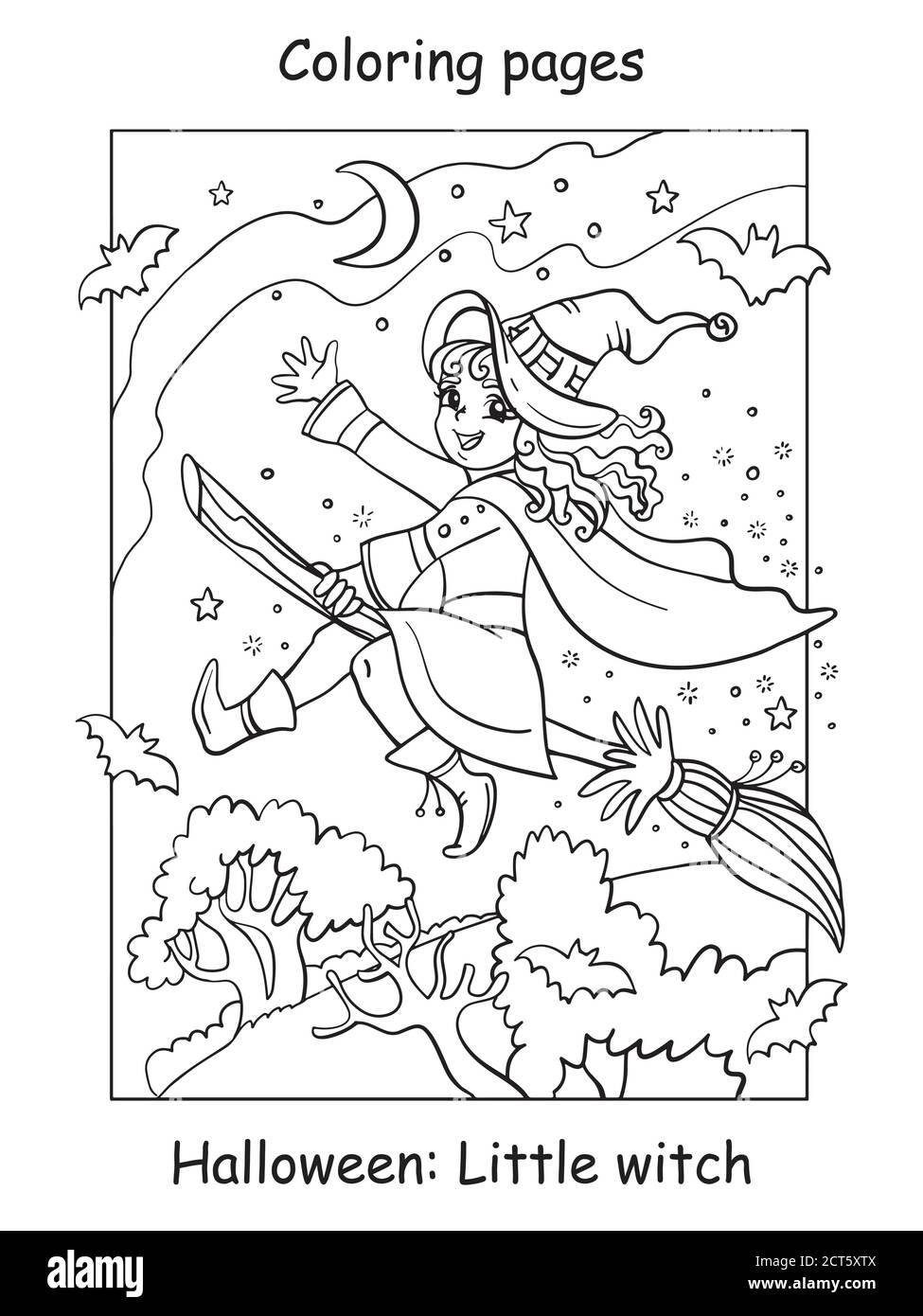 Vector coloring pages little witch flying on broom. Halloween concept. Cartoon contour illustration isolated on white background. Coloring book for ch Stock Vector