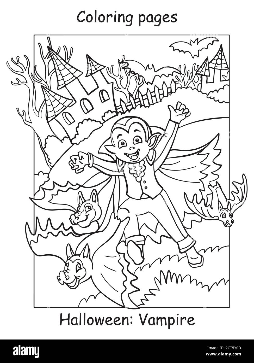 Vector coloring pages running kid in costume of vampire and bats. Halloween concept. Cartoon contour illustration isolated on white. Coloring book for Stock Vector