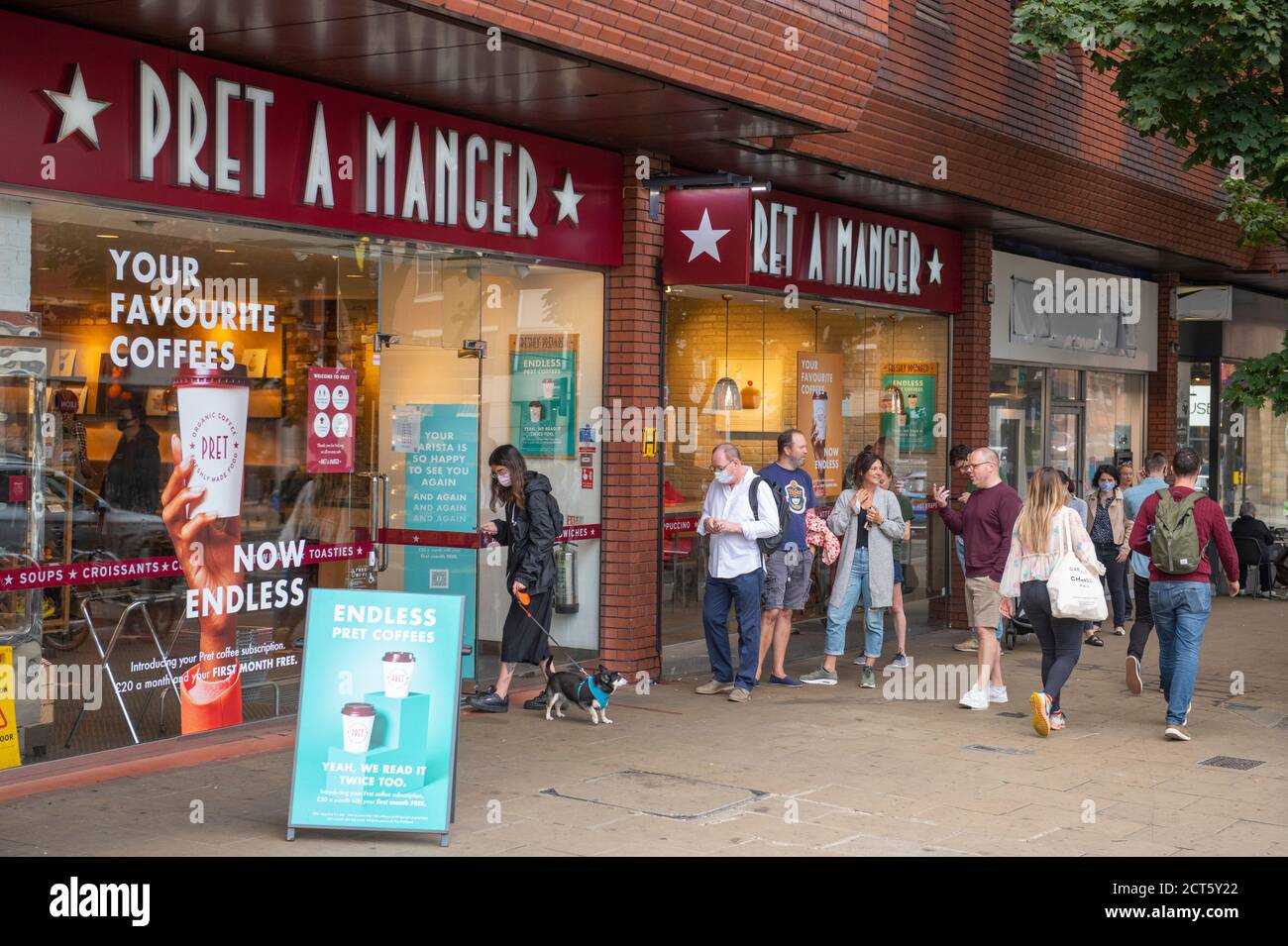 21 September 2020. Customers queue to enter Pret a Manger branch in the centre of Wimbledon during Coronavirus pandemic prevention. Stock Photo