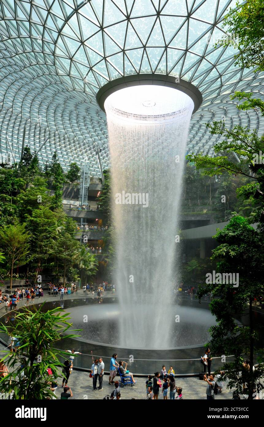 The Jewel waterfall monorail track gardens and visitors Changi