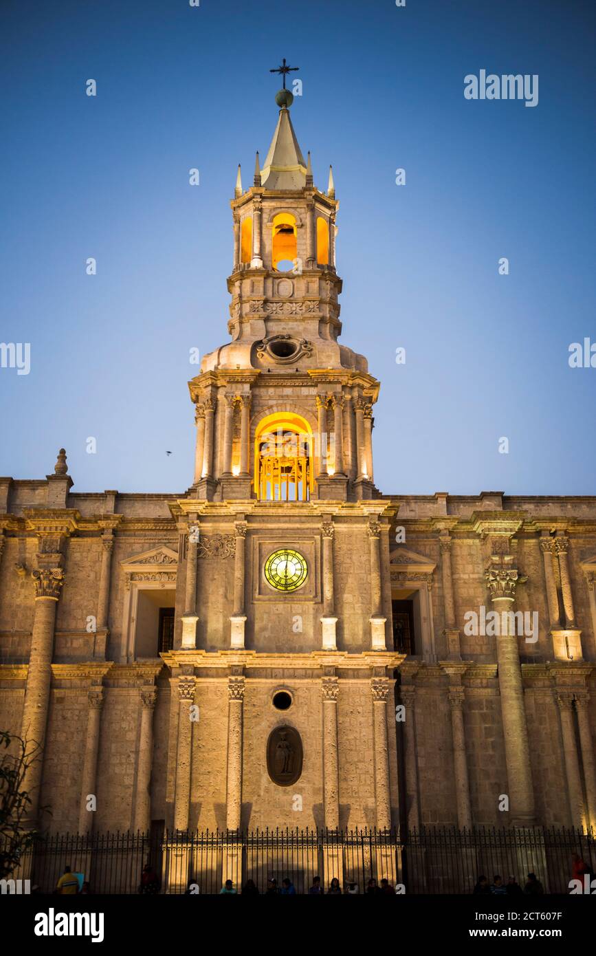 Basilica Cathedral of Arequipa at night, Arequipa, Peru, South America Stock Photo