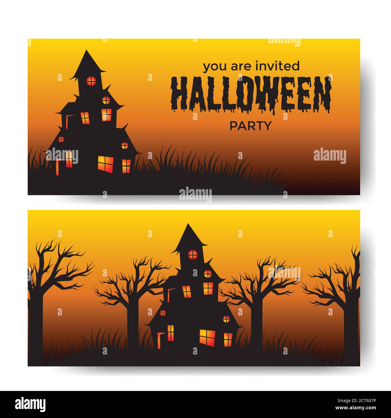 halloween party banner invitation card with illustration of scary house vampire Stock Vector