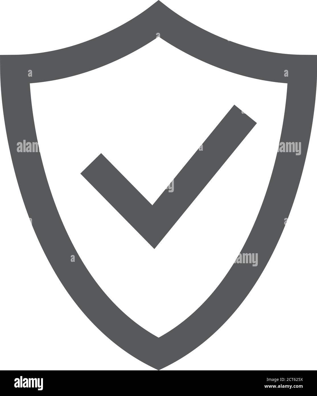 Shield icon with check mark in thick outline style. Black and white ...